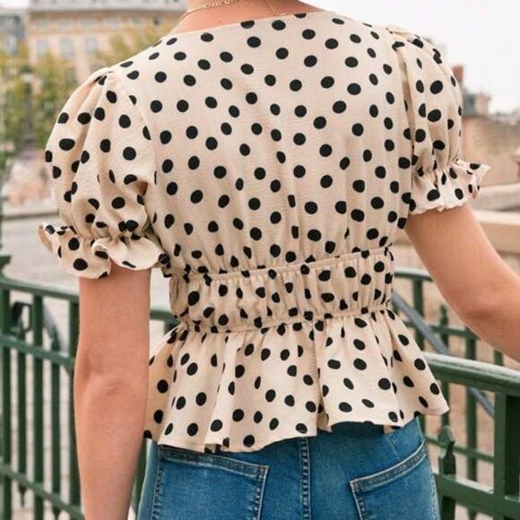 SHEIN Frenchy Polka Dot Print Tie Front Short Puff Sleeve Blouse Sz M - Picture 2 of 12